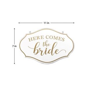 Here Comes The Bride Flower Girl Ring Bearer Sign, White with Gold Ribbon